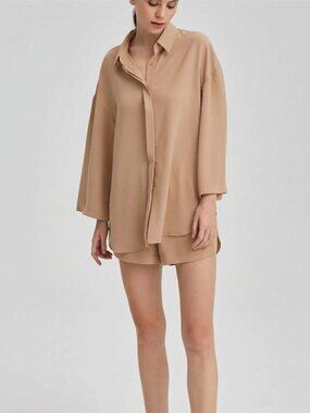 Nap Loungewear Relaxed Loungewear Button Down Subtle Stripe Tan S Minimalist